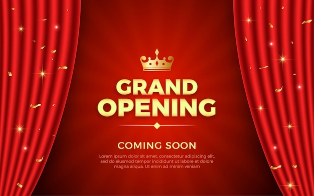 Realistic grand opening invitation banner with red curtains golden elements and 3d editable text effect