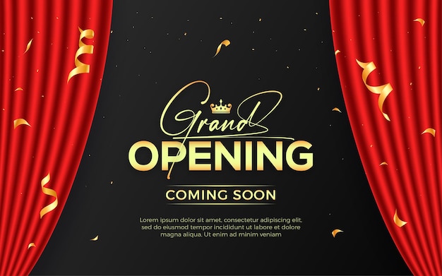 Realistic grand opening invitation banner with red curtains golden elements and 3d editable text effect