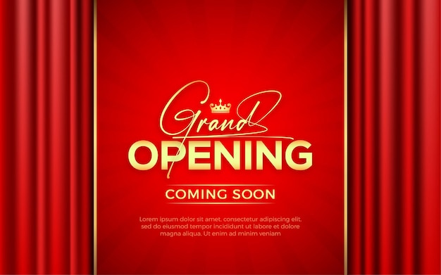 Realistic grand opening invitation banner with red curtains golden elements and 3d editable text effect