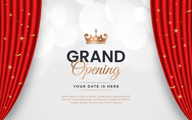 Vector realistic grand opening invitation banner with red curtains golden elements and 3d editable text effect