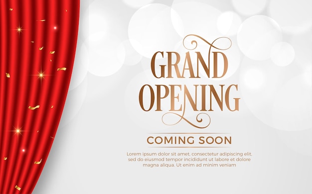 Vector realistic grand opening invitation banner with red curtains golden elements and 3d editable text effect