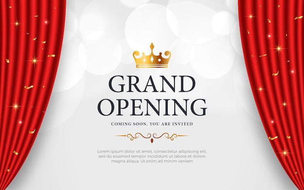 Vector realistic grand opening invitation banner with red curtains golden elements and 3d editable text effect