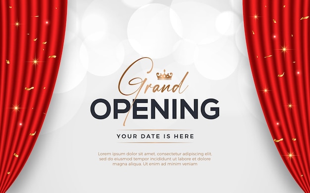 Realistic grand opening invitation banner with red curtains golden elements and 3d editable text effect