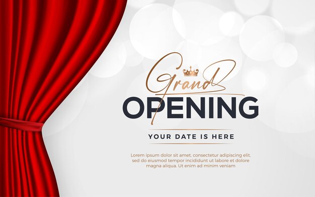 Vector realistic grand opening invitation banner with red curtains golden elements and 3d editable text effect