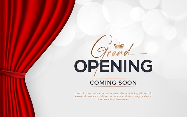 Vector realistic grand opening invitation banner with red curtains golden elements and 3d editable text effect