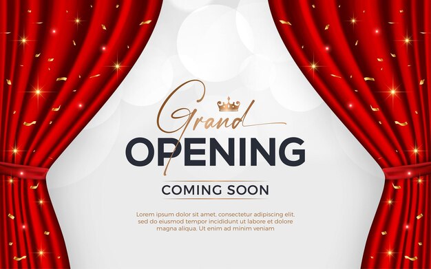 Vector realistic grand opening invitation banner with red curtains golden elements and 3d editable text effect