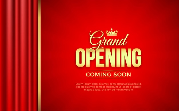 Realistic grand opening invitation with red curtains golden elements and 3d editable text effect