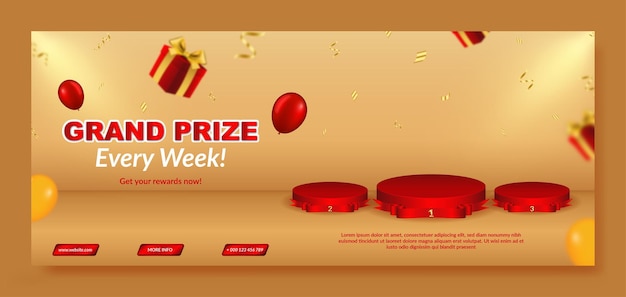 Realistic grand prize banner template with podium and gift box