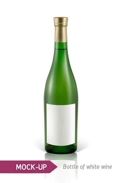 Вектор Реалистичная бутылка белого вина на белом фоне с отражением и тенью