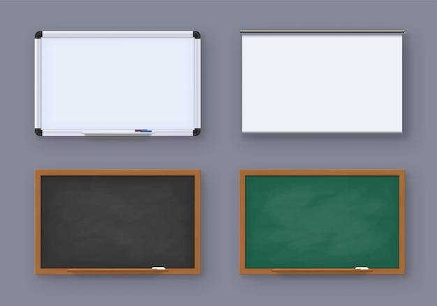 Realistic green blackboard white marker board and projector screen School old chalkboard Boards for education or presentation vector set of blackboard and white board for drawing illustration