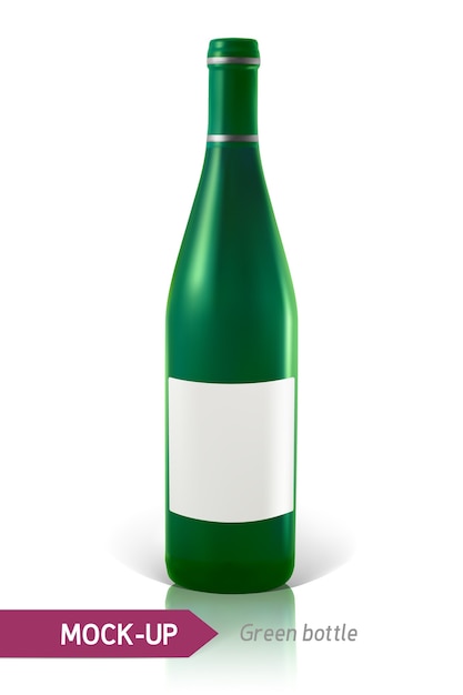 realistic green bottles of wine or cocktail on a white background with reflection and shadow