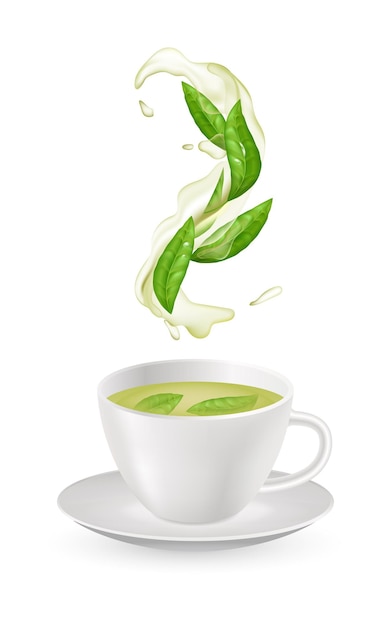 Realistic green tea in a glass cup with fresh green leaves Liquid flow with leaf of tea