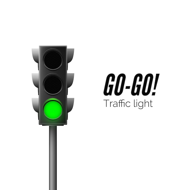 Realistic green traffic light. Traffic Laws. Go - business concept. Isolated vector illustration