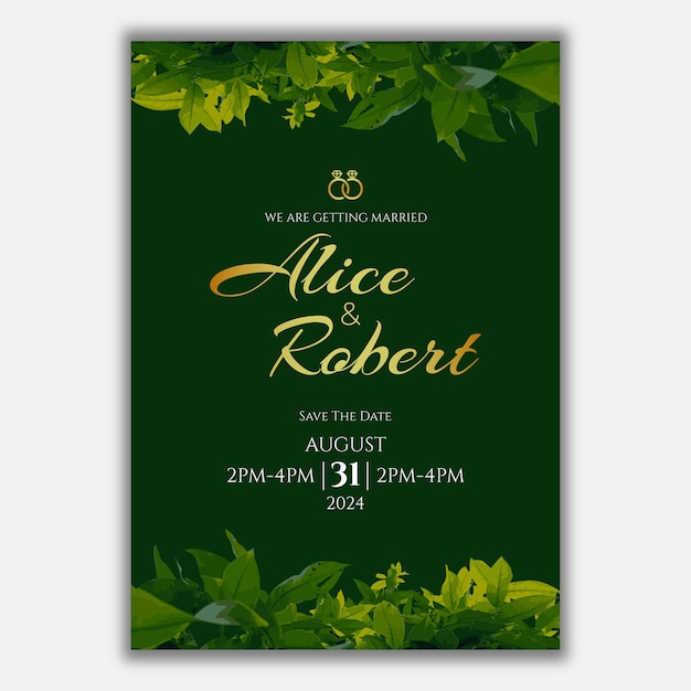 Realistic green tropical leaves wedding invitation template