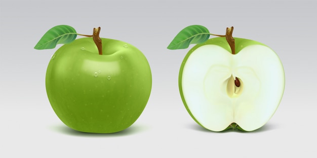 Realistic green whole and half of apple