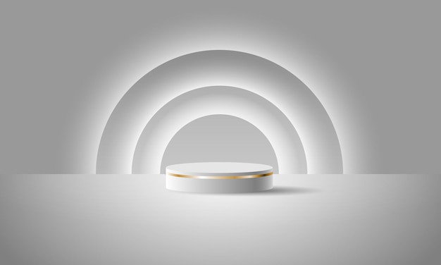 Realistic grey 3d cylinder podium mockup with white glowing light semi circles layers