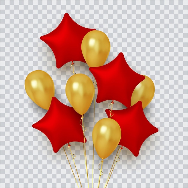 Realistic group of balloons in shape star of red and gold on transparent