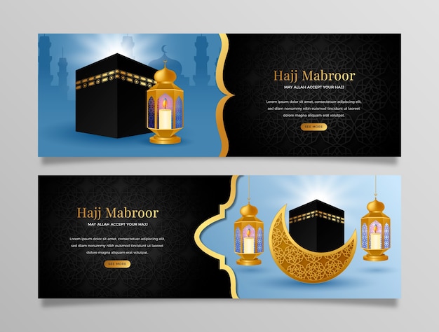 Realistic hajj horizontal banners set with lanterns and mecca