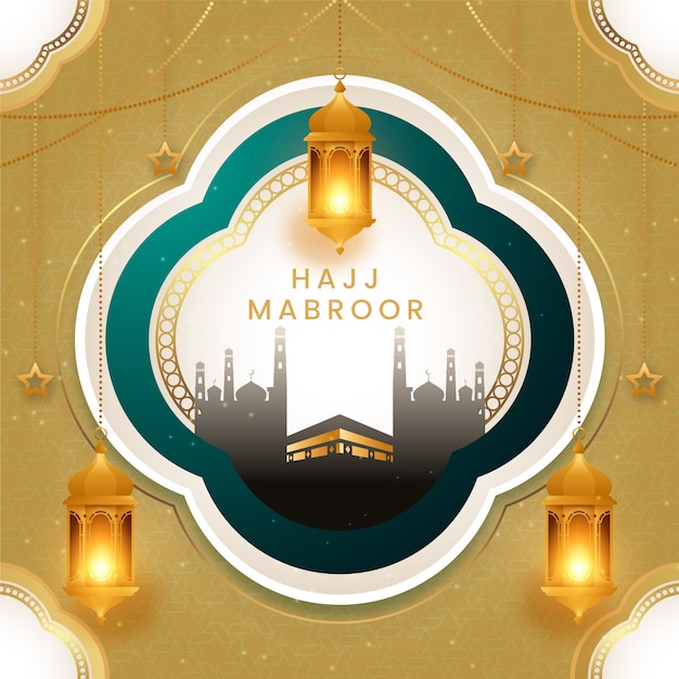 Vector realistic hajj illustration with lanterns and mecca