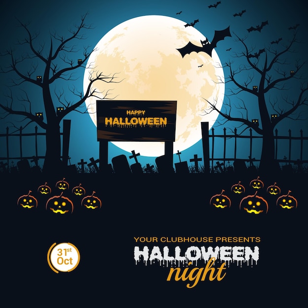 Realistic Halloween dead trees, bats flying at moon night background Social media banner promotion