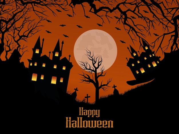 Realistic halloween night moon background with dead trees and bats flying over cemetery flat design