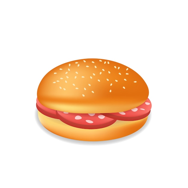 Realistic hamburger or sandwich with sausage Illustration of Fast food meal