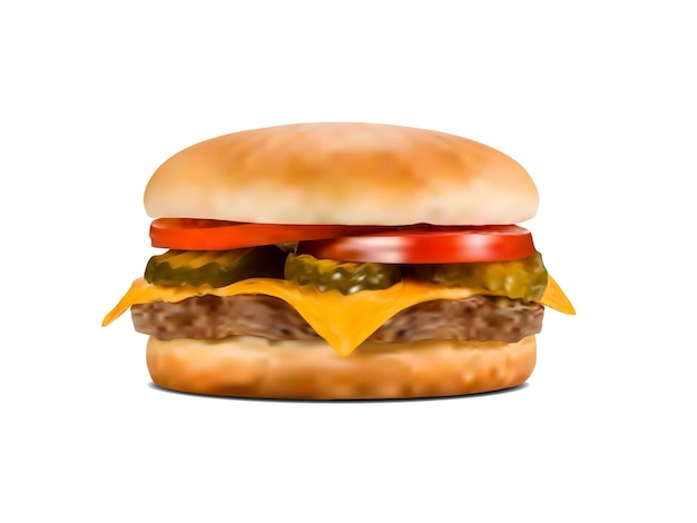 Vector realistic hamburger vector with slice of tomato and cucumber