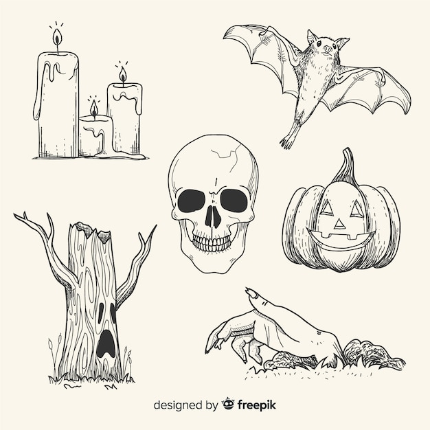 Realistic hand drawn halloween element collection