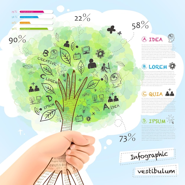 Vector realistic and hand  drawn style vector infographic with a tree grabbed by hand