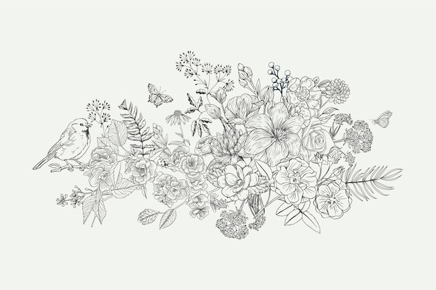 ベクトル 現実的な手描きのヴィンテージの花の花束