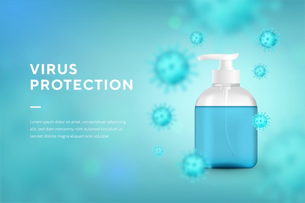 Vettore contenitore realistico di disinfettante per mani realistico, gel per lavaggio a mano con pompa e sfondo di virus.