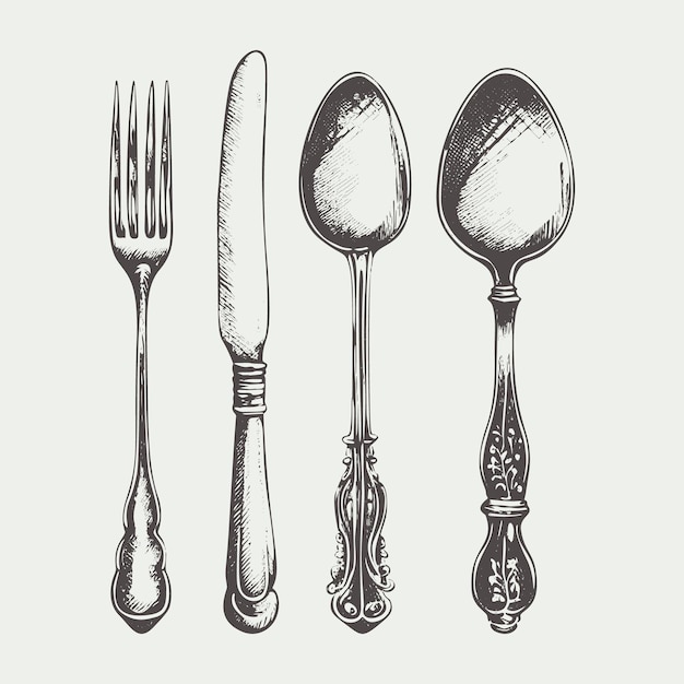 Vector a realistic handdrawn vector illustration sketch of a cutlery set including a fork spoon and knife arranged as a table setting