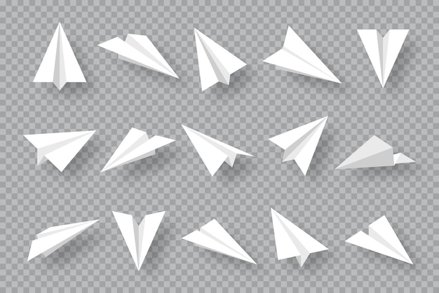 Collezione di aerei di carta fatti a mano realistici su sfondo trasparente aerei origami in stile piatto