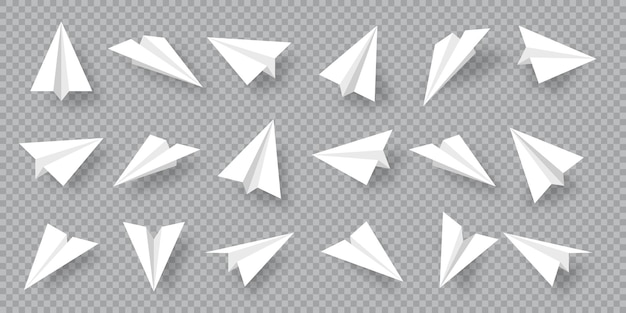 Vector realistic handmade paper planes collection on transparent background origami aircraft in flat style