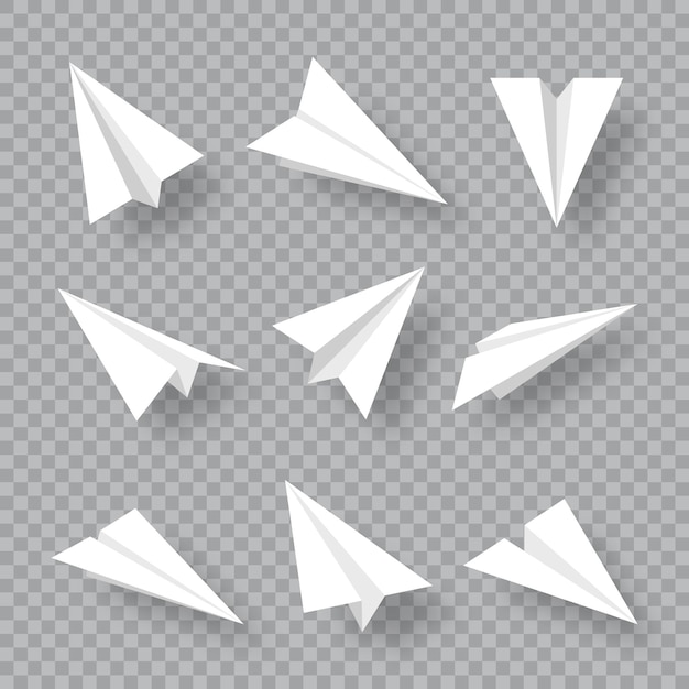 Vector realistic handmade paper planes collection on transparent background origami aircraft in flat style