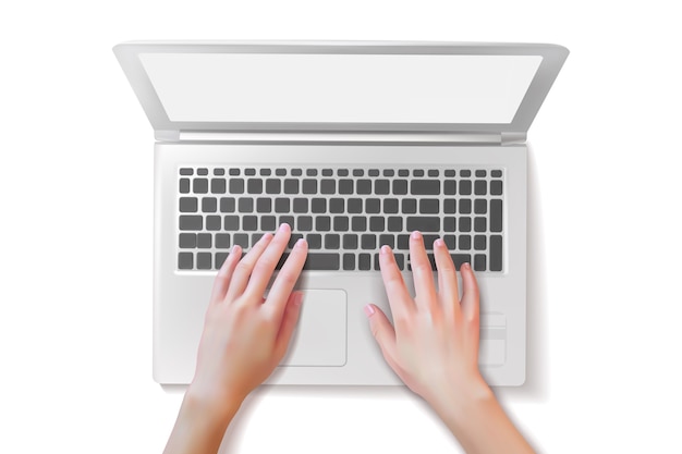 Realistic hands on the keyboard of a white laptop.