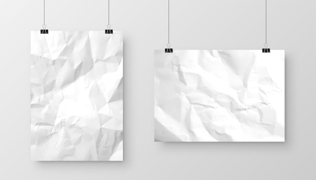 Vector realistic hanging blank crumpled paper sheet with shadow in a format isolated on gray background