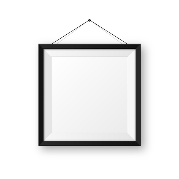 Реалистичная висящая на стене пустая черная рамка с теней Модерный макет плаката, изолированный на белом фоне Пустая фоторамка для художественной галереи или интерьера Векторная иллюстрация