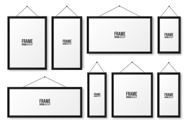 Realistic hanging on a wall blank black picture frames collection modern poster mockup empty photo