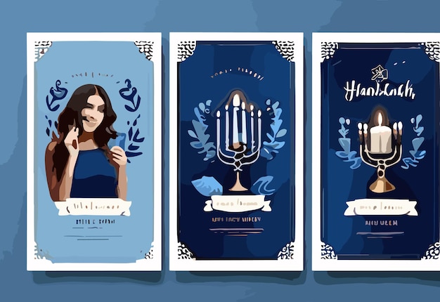 Vector realistic hanukkah with glittering menorah for jewish instagram posts collection