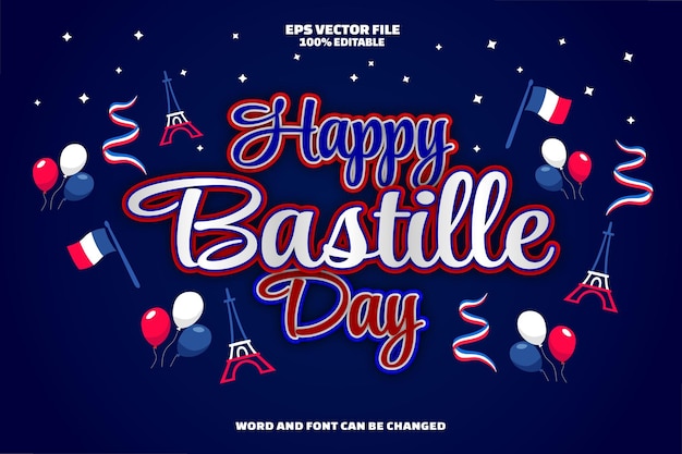 Vector realistic happy bastille day 3d editable text style effect