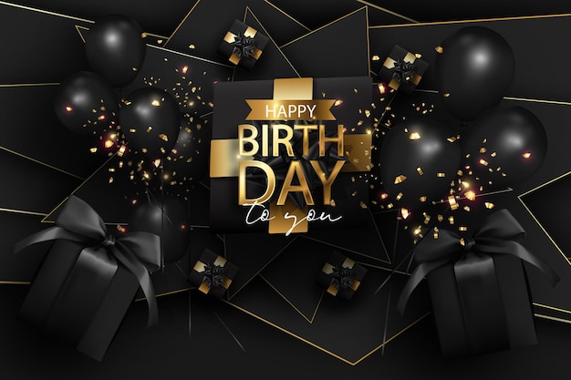 Vector realistic happy birthday in black and luxury golden celebration happy birthday background