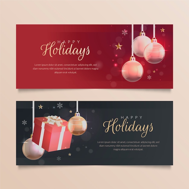 Realistic happy holidays horizontal banners set