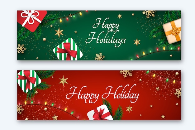 Realistic happy holidays horizontal banners set