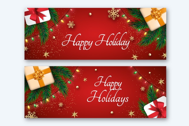 Realistic happy holidays horizontal banners set