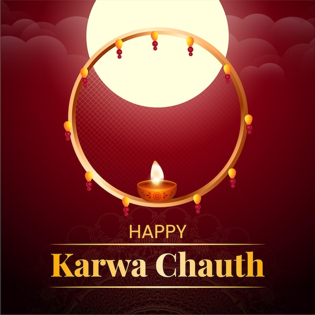 現実的な幸せな karwa chauth インドのお祭りバナー デザイン テンプレート