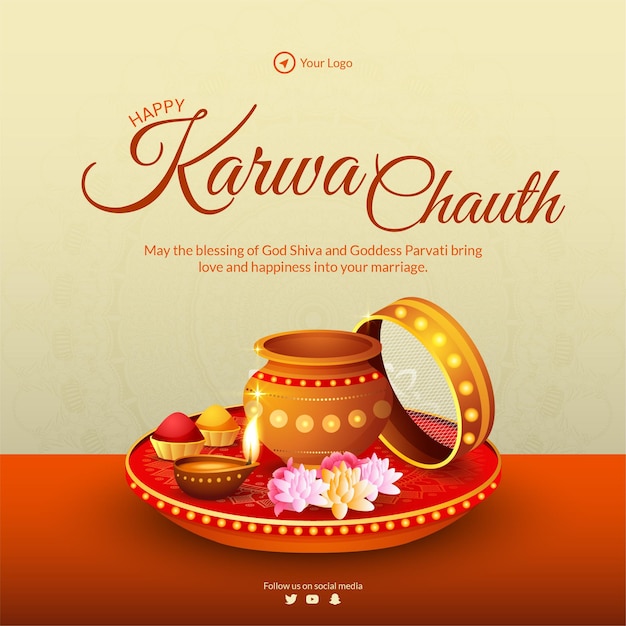 Realistic happy karwa chauth Indian festival banner design template