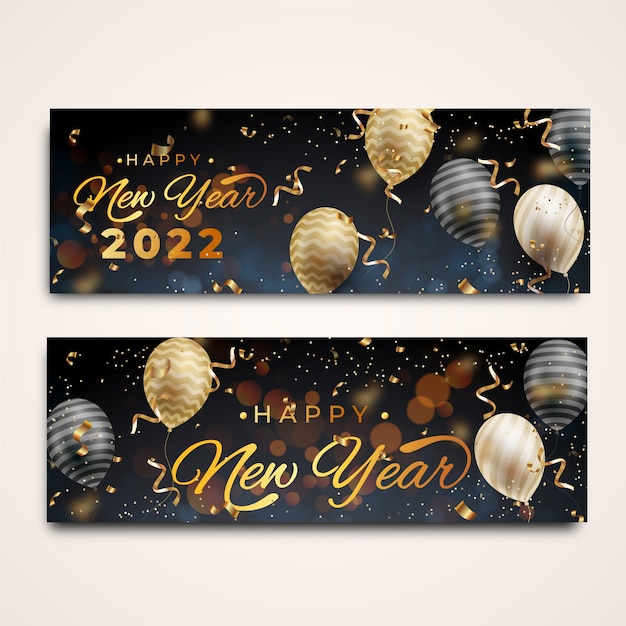 Realistic happy new year 2022 horizontal banners set