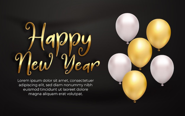 Realistic happy new year white gold balloon with editable text effect