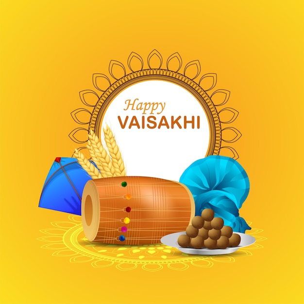 Vector realistic happy vaisakhi greeting card with dhol and kite